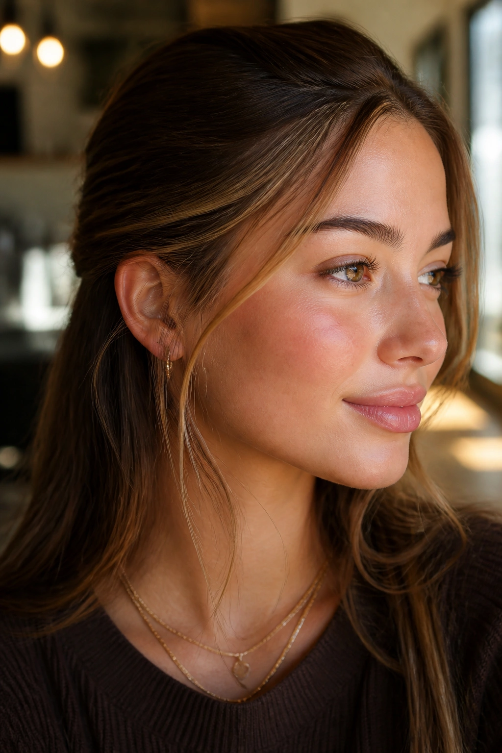 Close-up of a real woman showing temple babylights at the hairline in warm light
