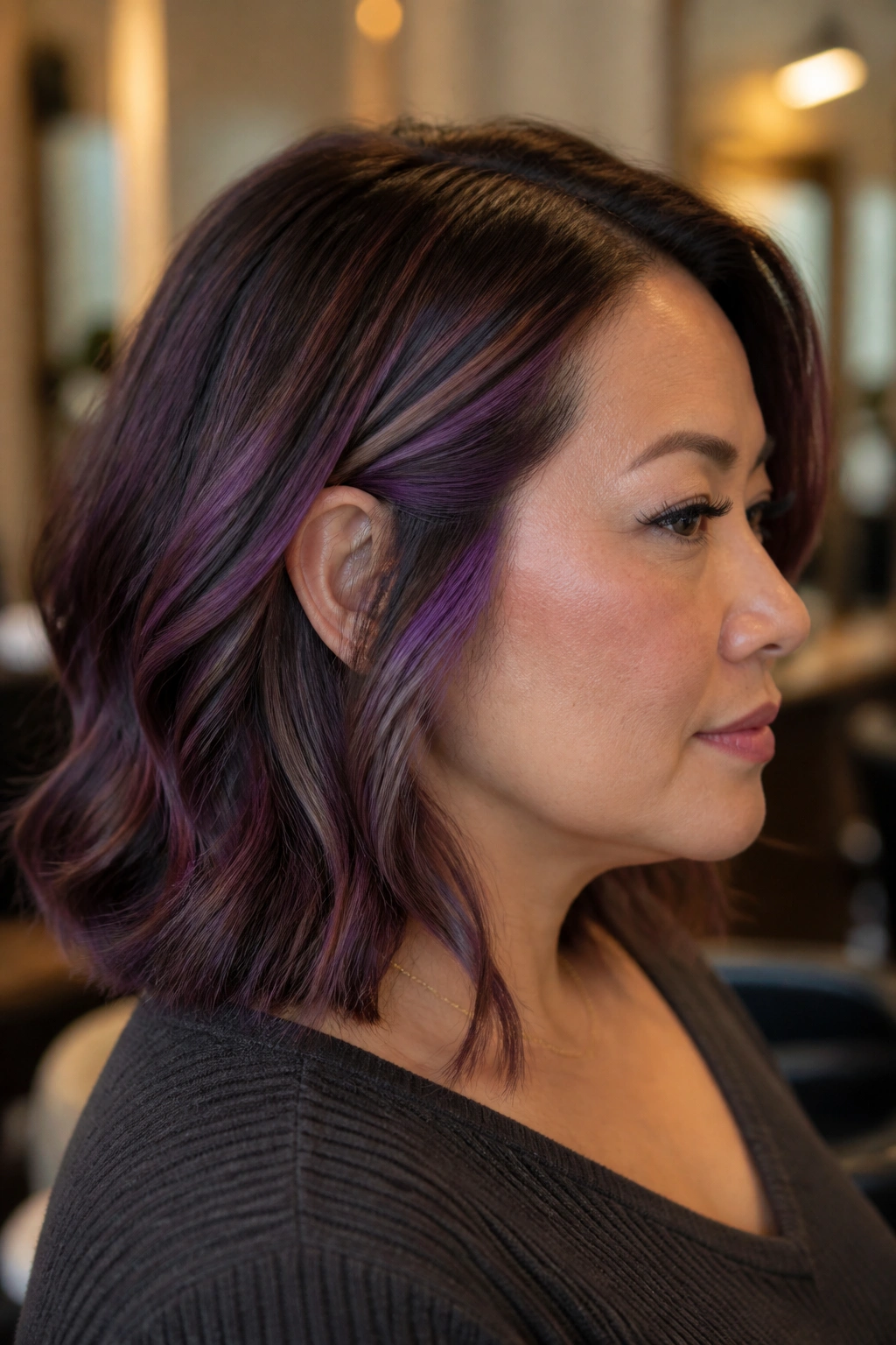 Side-profile of a real woman showing temple contour highlights in hair