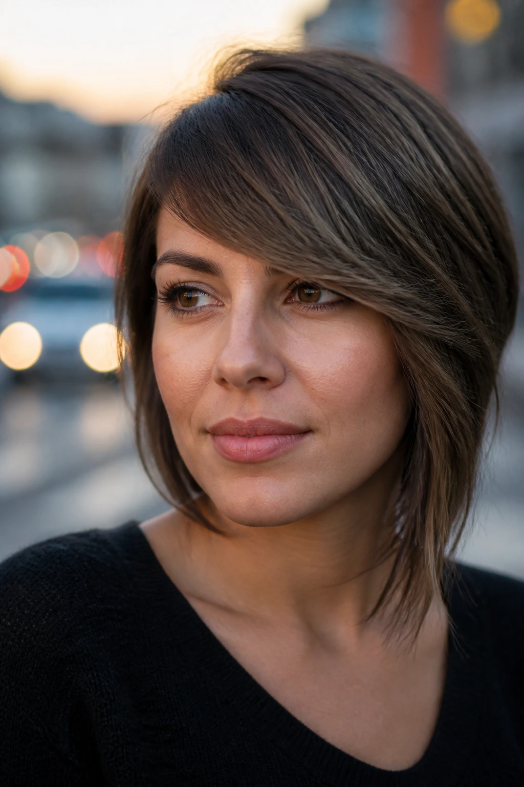 Close-up portrait of a real woman with longer temple corner fringe