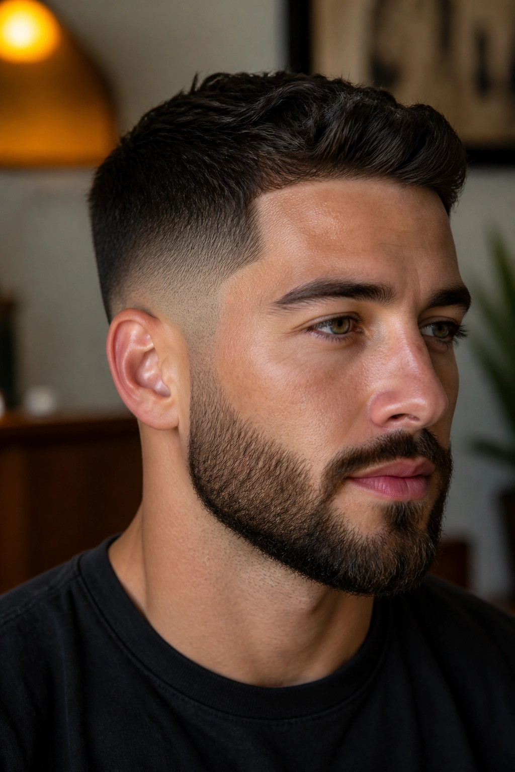 Portrait of man with temple fade and beard in warm indoor light