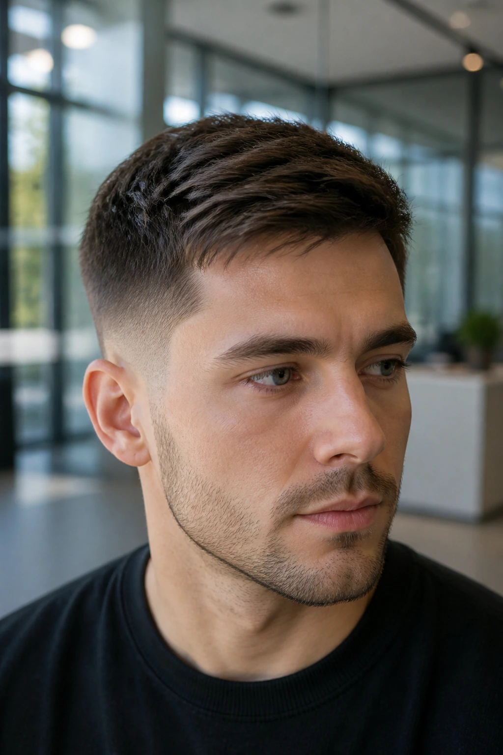 Close-up portrait of a real person with temple fade and brush-forward texture