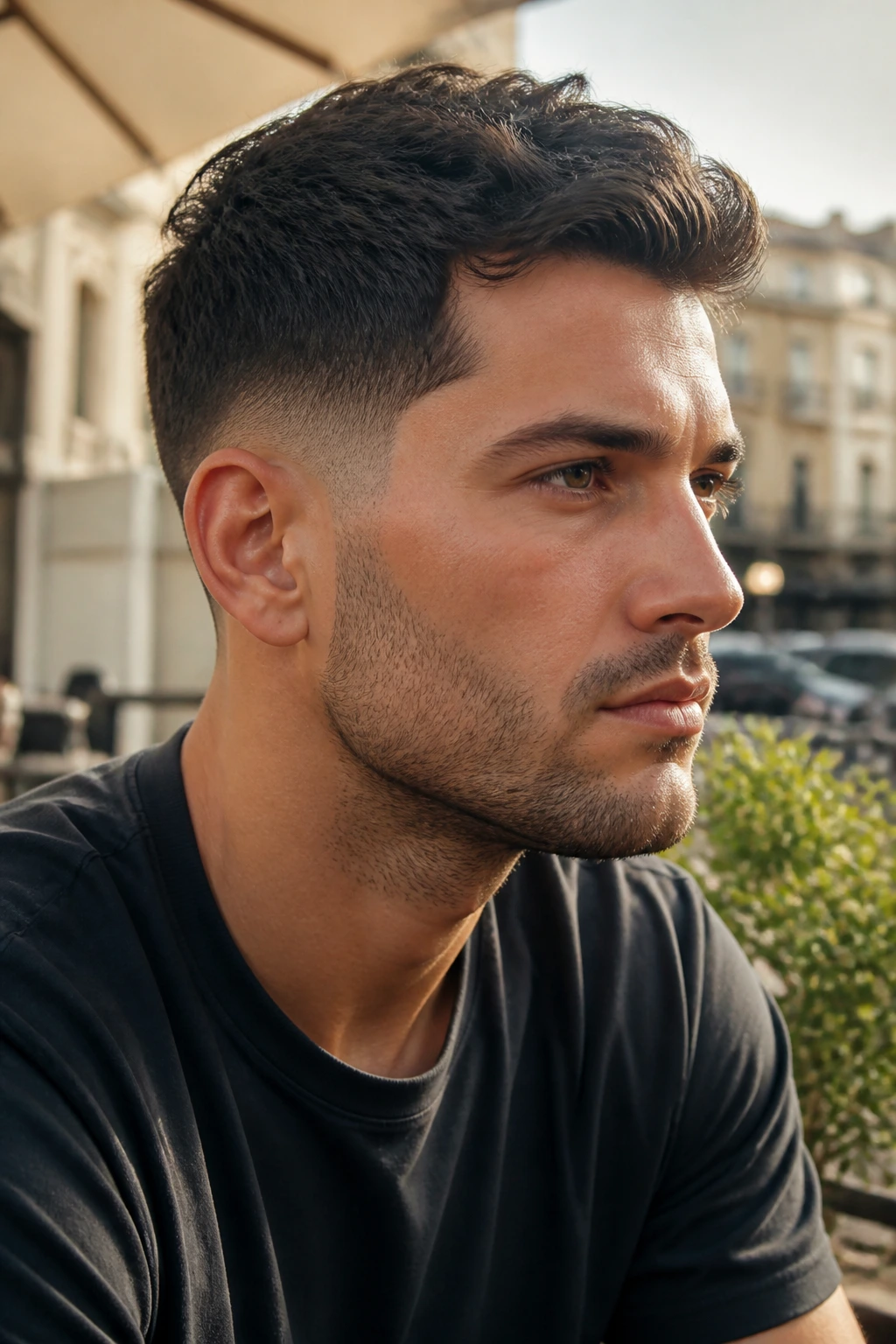 Portrait of a man with a precise temple fade and clean temple edges in natural street light