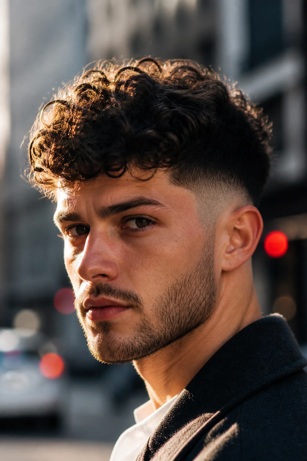 Close-up of Temple Fade with Curls showing top curls and temple fade on a real man.