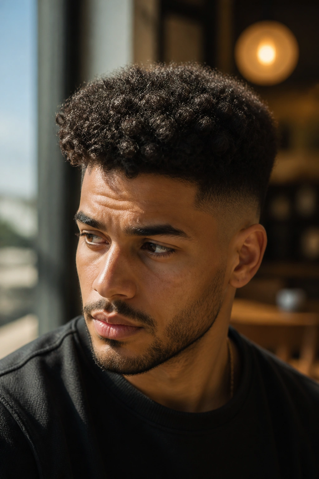 Close-up portrait of a man with temple fade and heavy top shelf, one front corner heavier.