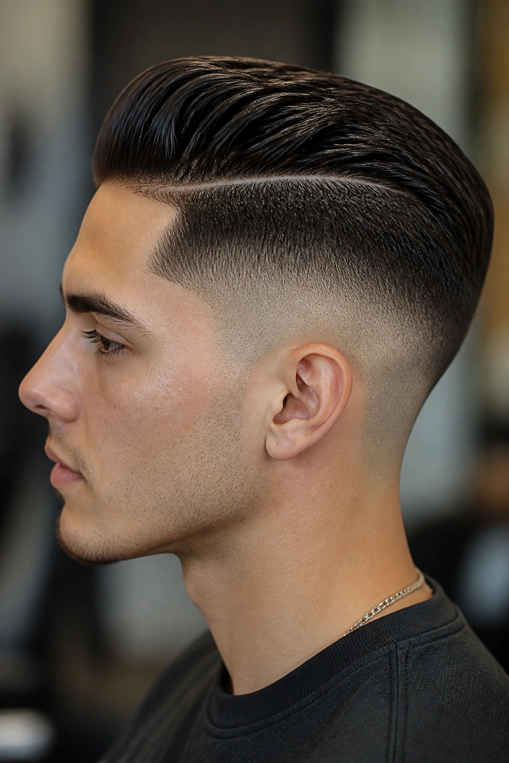 Profile portrait of a real person with temple fade and sharp part line