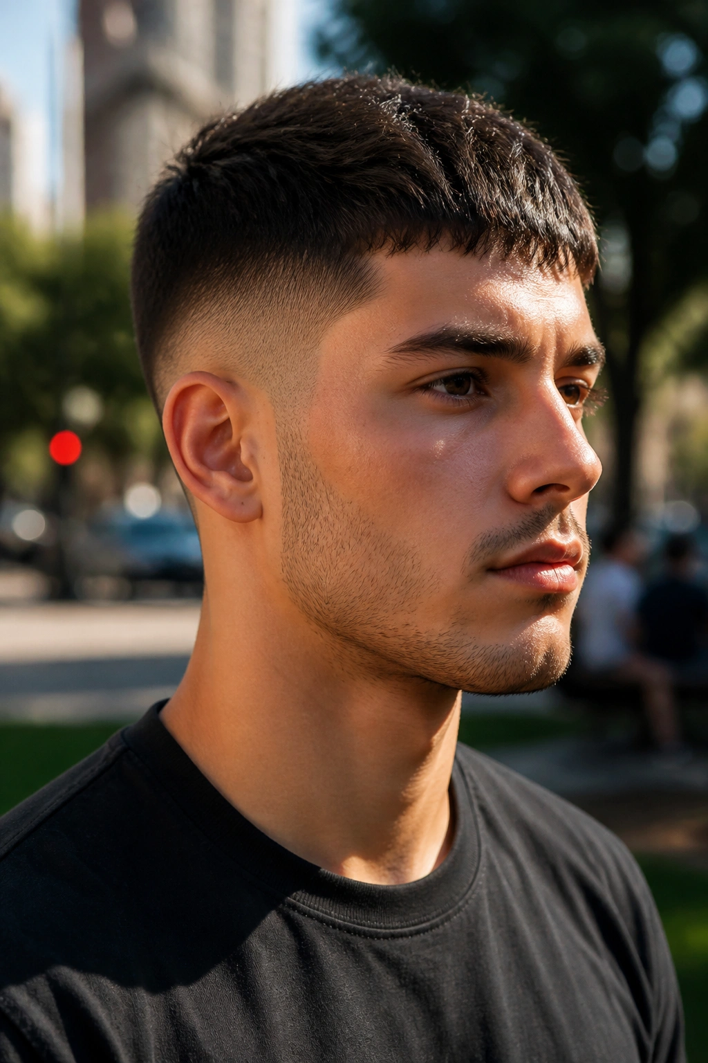 Close-up of a man with a temple fade pixie haircut outdoors.