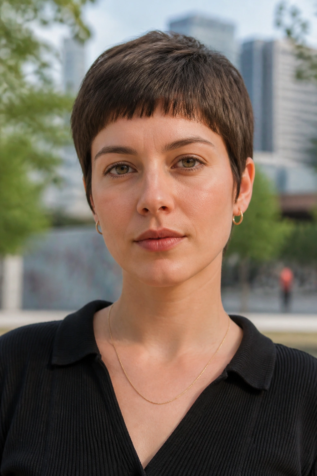 Portrait showing tapered temple fringe creating vertical line for round face