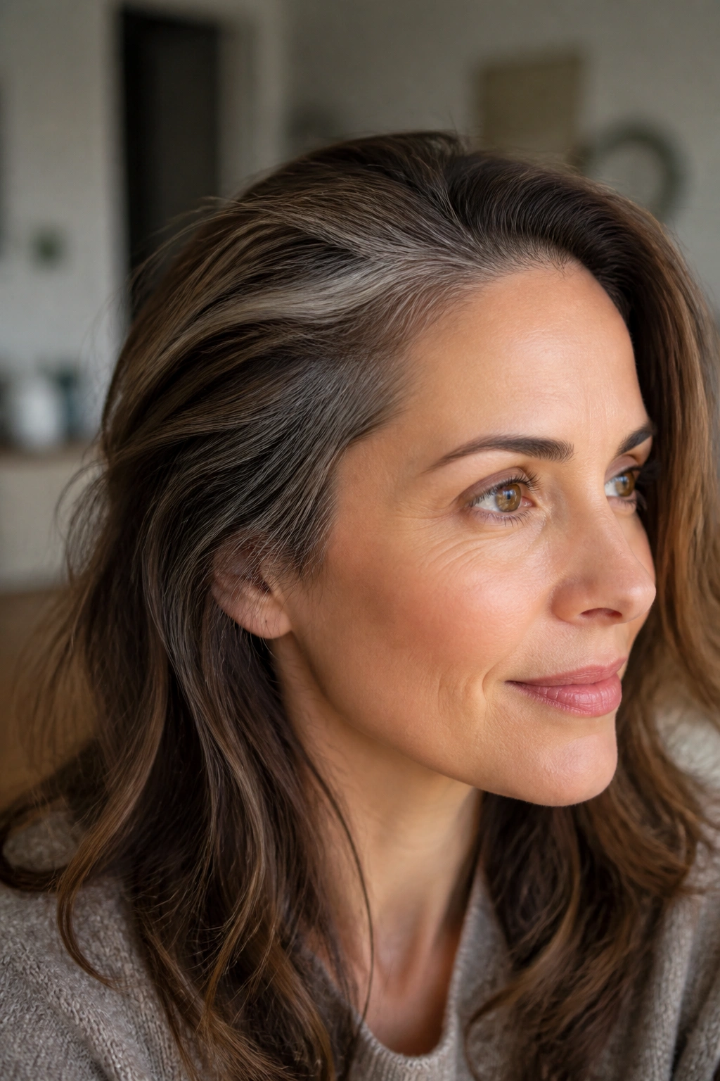 Close-up of a real woman with temple-area gray blending into balayage on brown hair