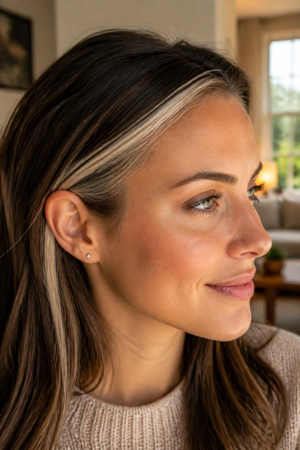 Close-up of temples with platinum highlights lifting the eyes.