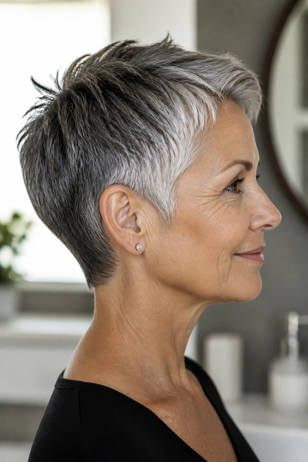 Side profile of a real woman with a close-cropped cut and temple highlights
