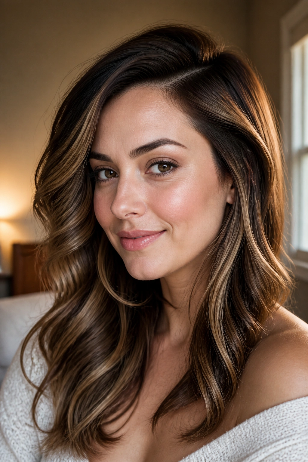Close-up portrait of a real woman with temple-lift hazelnut highlights and a deep side part in warm window light.