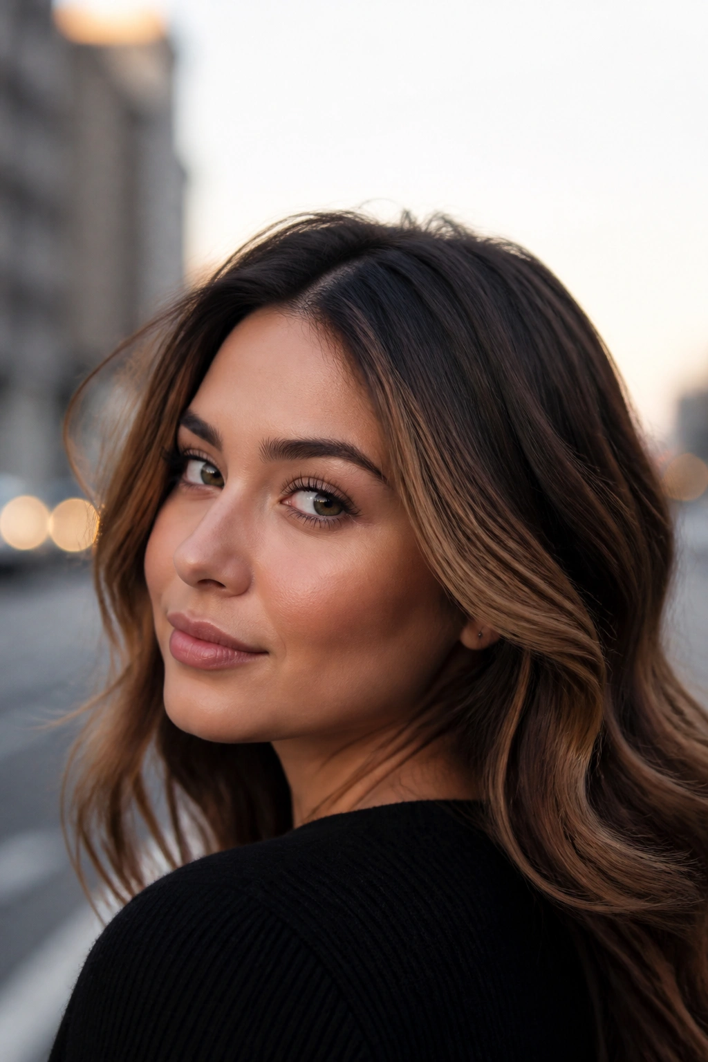 Real woman with temple-to-jawline contour caramel pieces in morning light