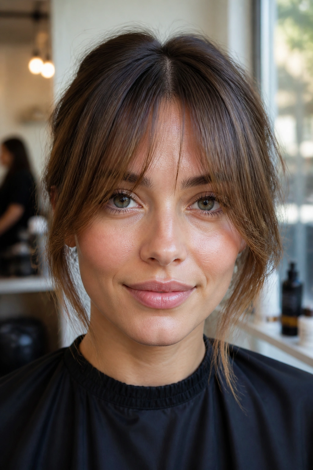 Close-up of temple-length fringe on a real woman