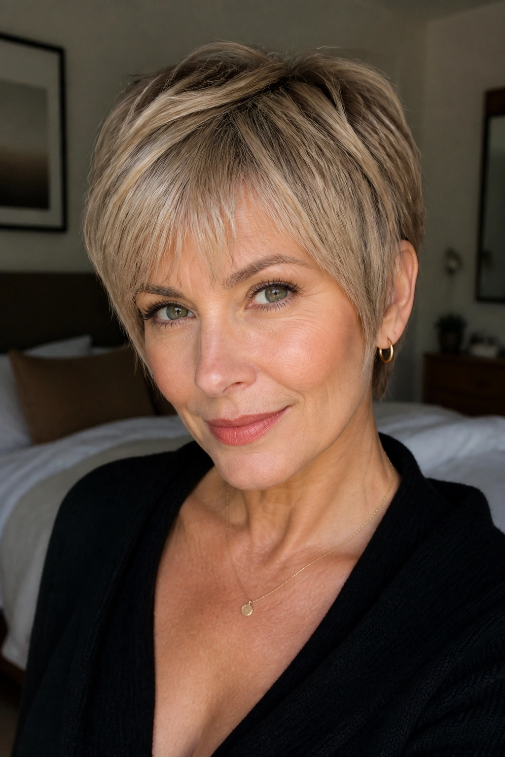 Close-up portrait of a real woman with temple-length pixie and soft bangs in natural window light