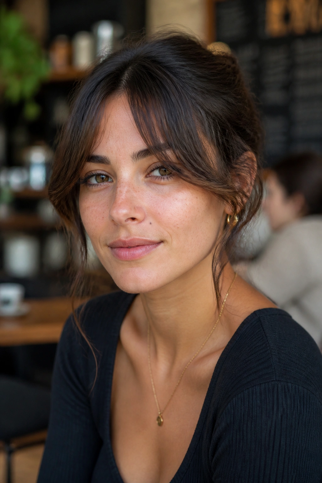 Close-up portrait of a woman with temple-opening split fringe