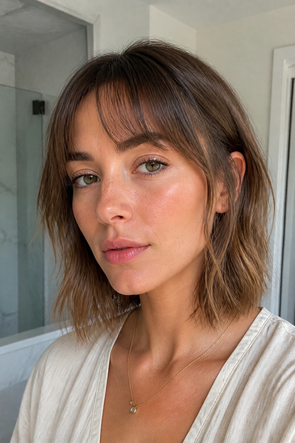 Real woman with temple-skimming fringe in bathroom light