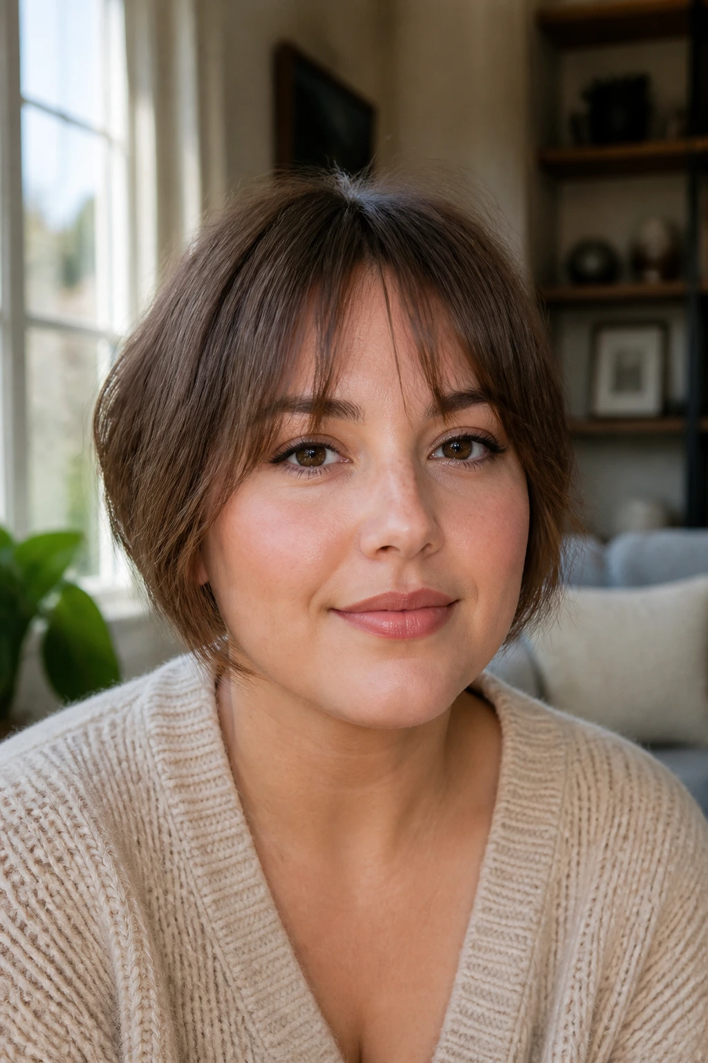Close-up portrait of a real woman with temple-skimming fringe for round cheeks.