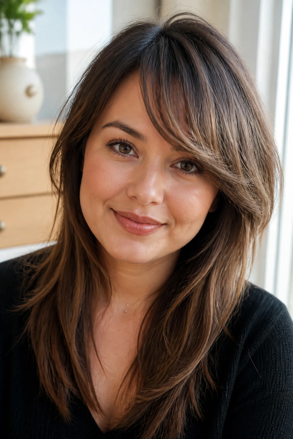 Close-up of a real woman with temple-start fringe elongating a round face