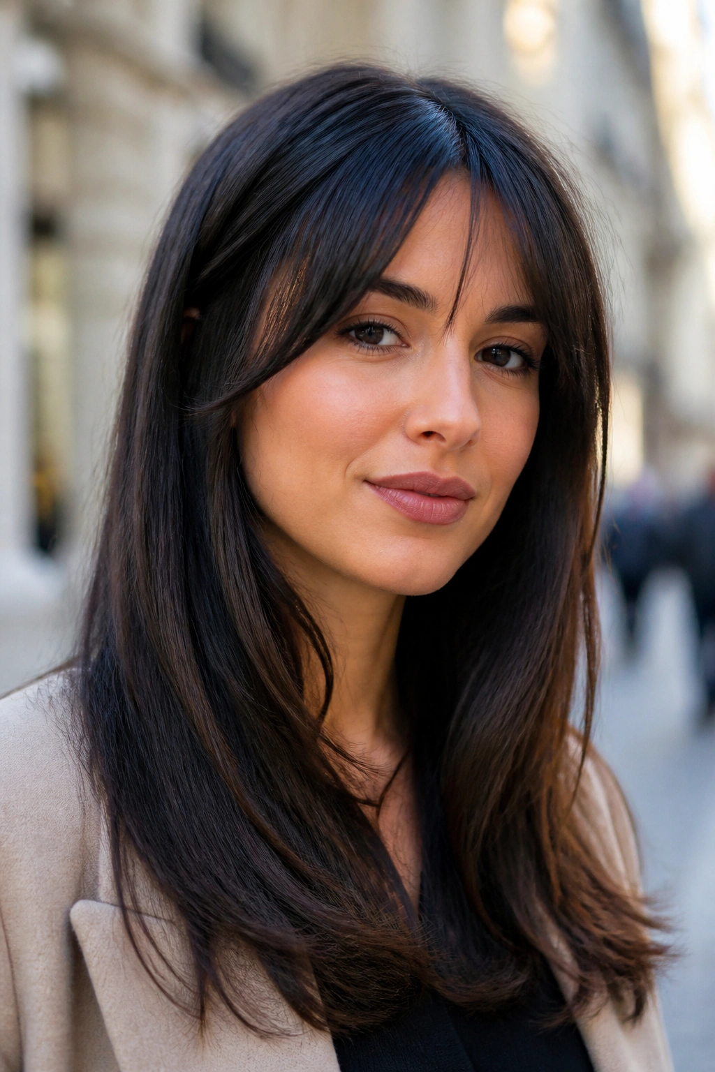 Real woman with temple-started bangs narrowing the forehead in outdoor soft light