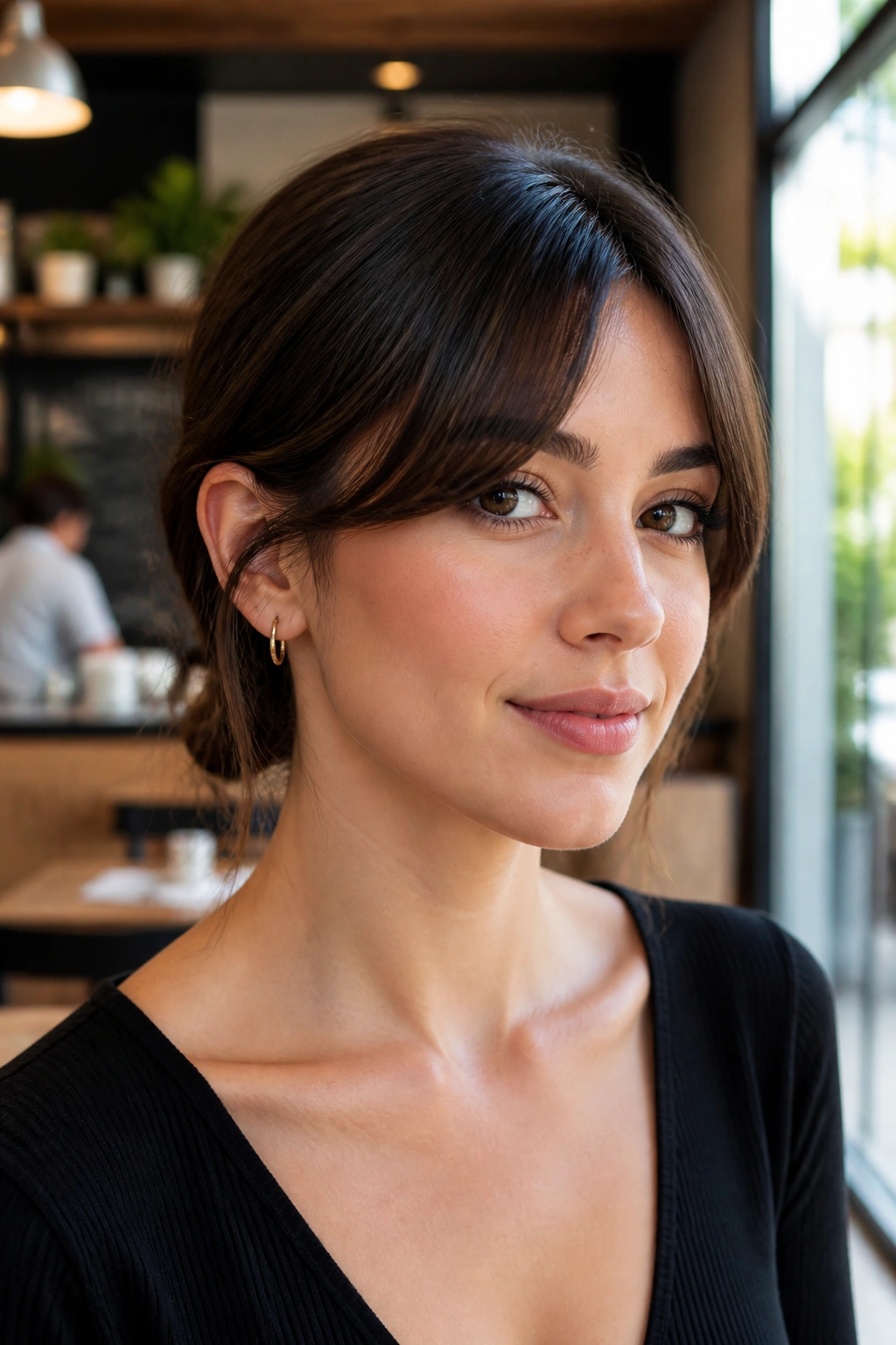 Woman with temple-sweeping split bangs in a cafe setting