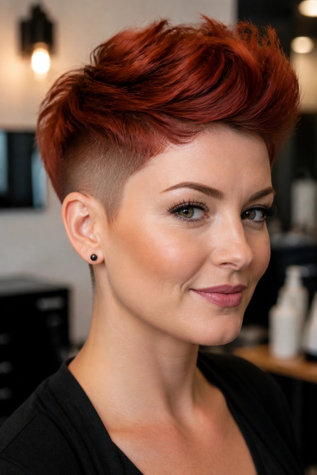 Real person with temple-under cut pixie showing cheek-slimming effect