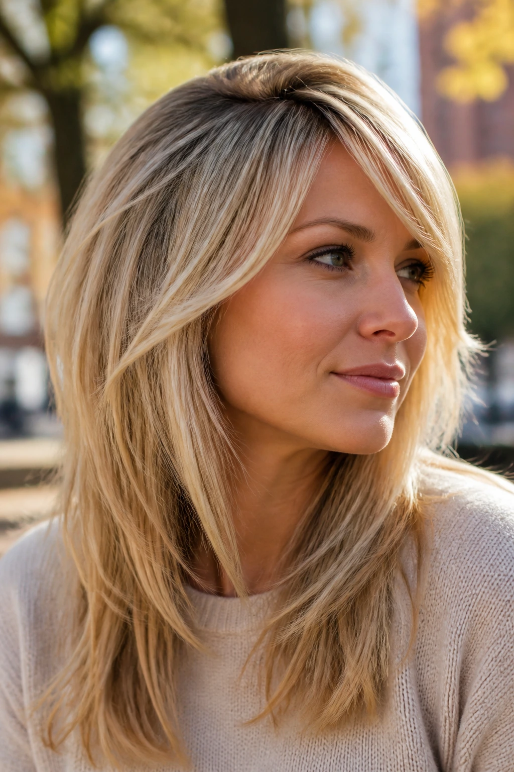 Half-profile portrait showing temple volume and side bangs in creamy blonde