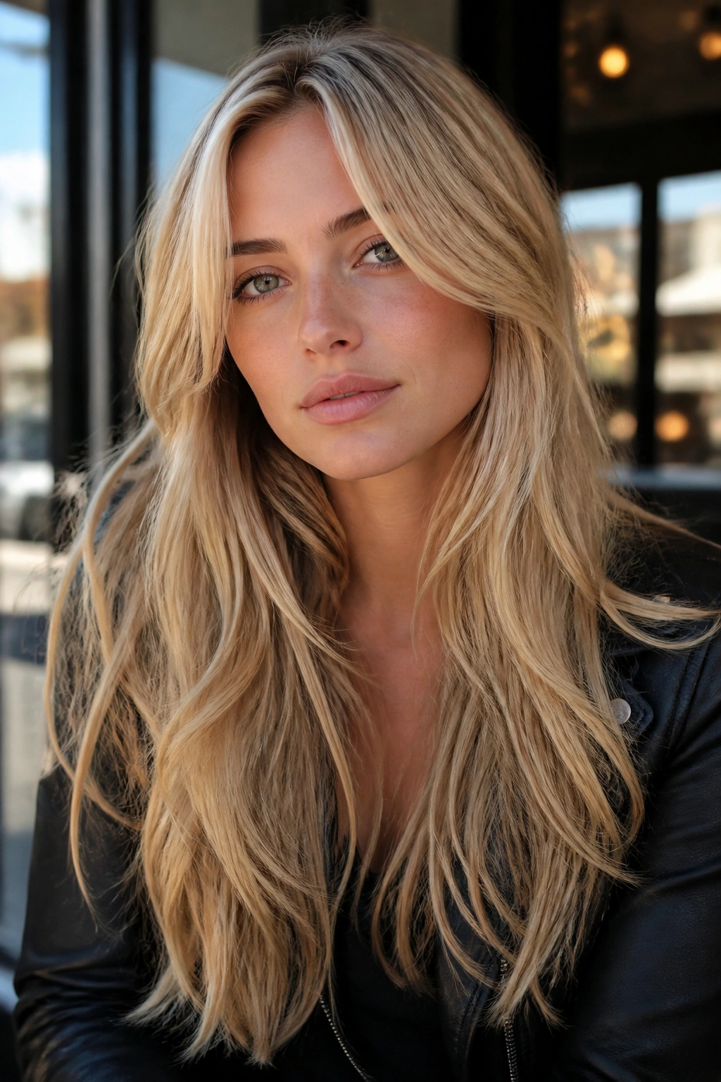 Portrait of a real woman with long blonde layers and soft temple wisps