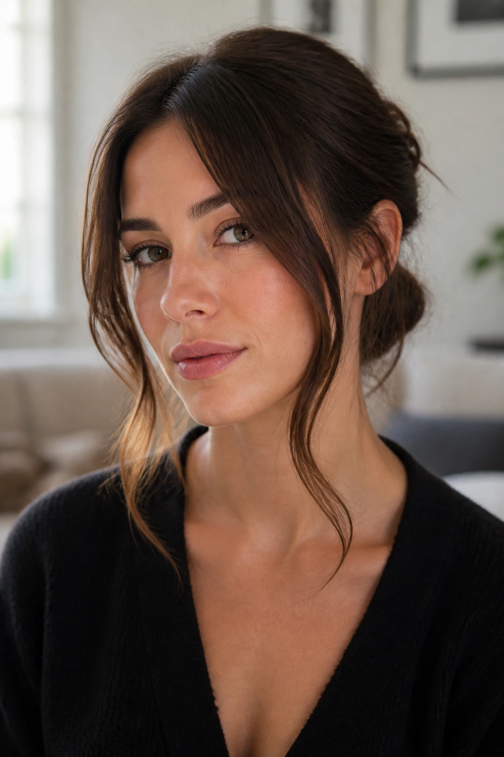Close-up of a woman with long face-framing tendrils curling around her cheeks