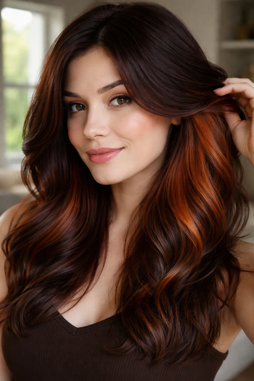 Portrait of a woman with terracotta auburn peek-a-boo under the top layers