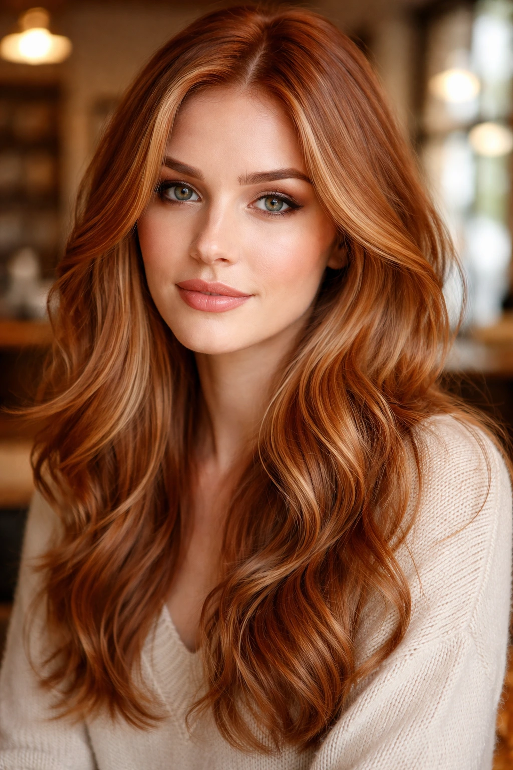 Close-up portrait of a real woman with Terracotta Blonde hair in a cafe setting