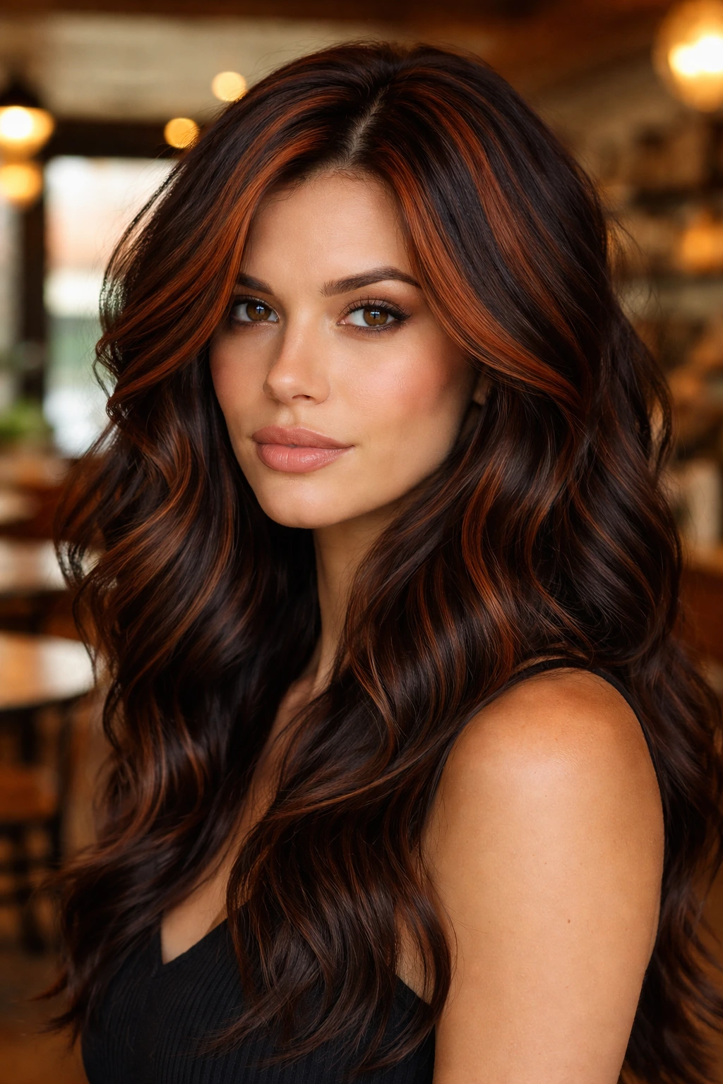 Close-up of a woman with terracotta chunky highlights in brown hair in a warm retro cafe setting