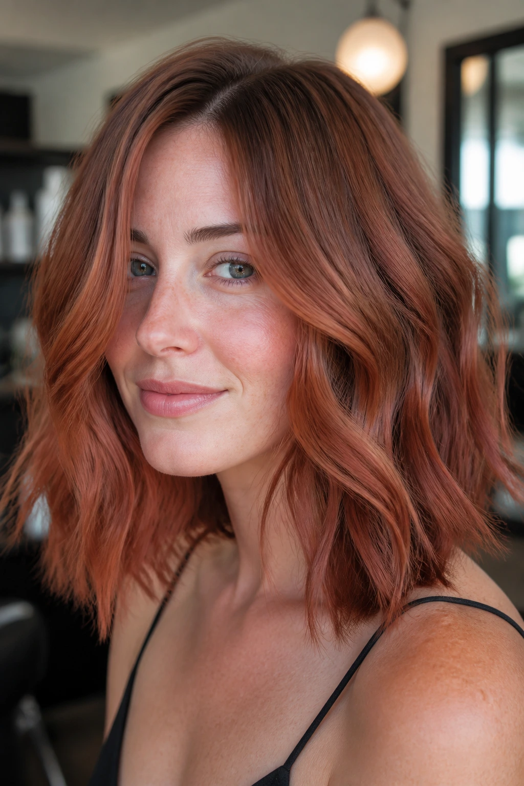 Close-up portrait of a woman with terracotta copper lob and neutral root in a salon