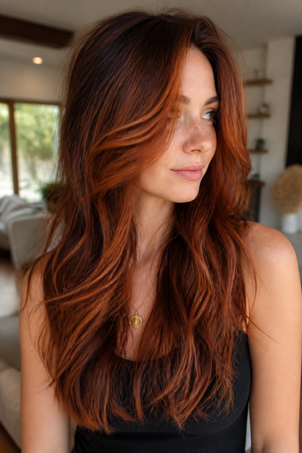 Close-up of a real woman with terracotta face-framing layers on long hair.