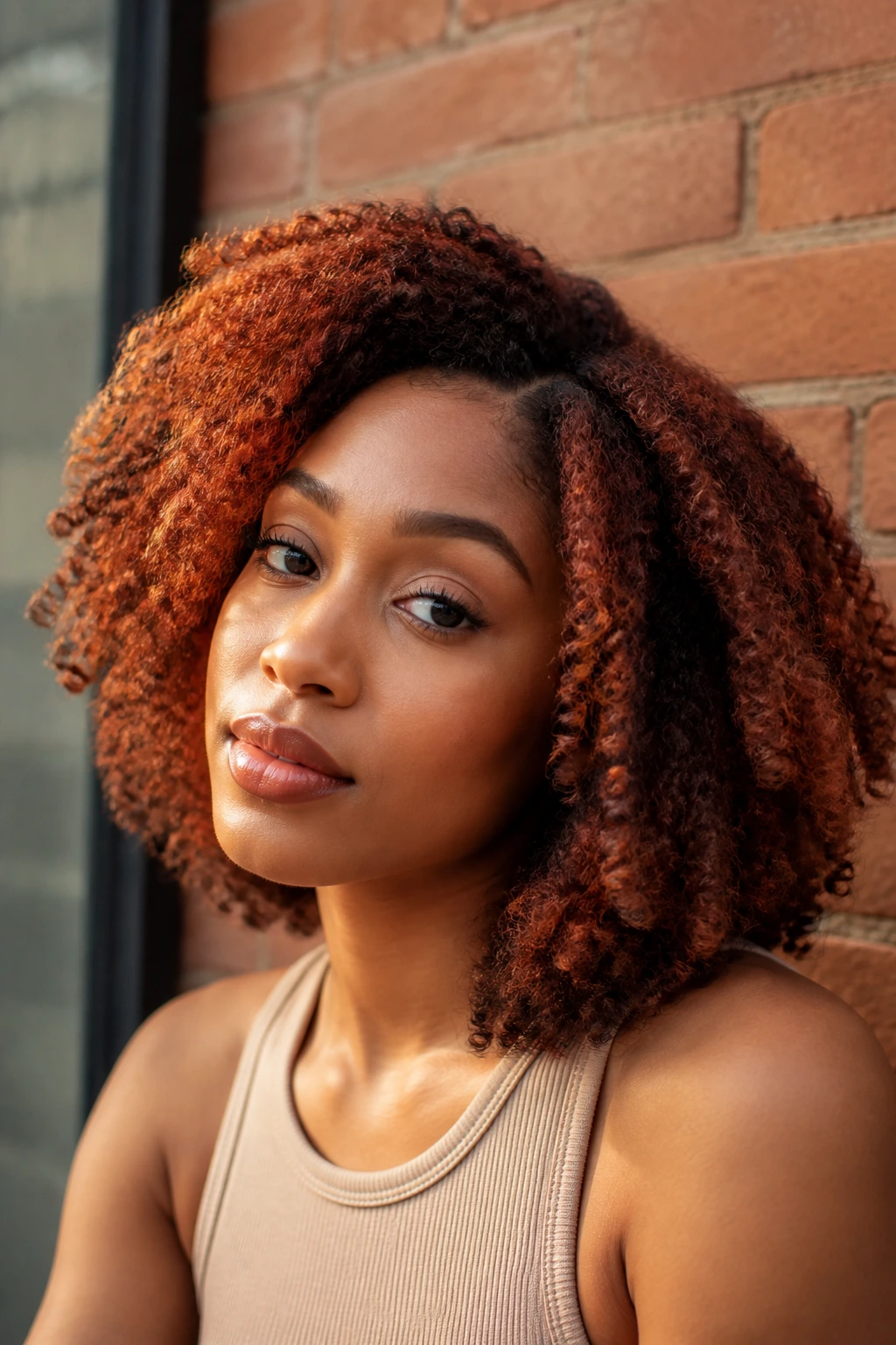 Close-up portrait of a real person with terracotta hair against a warm brick background.