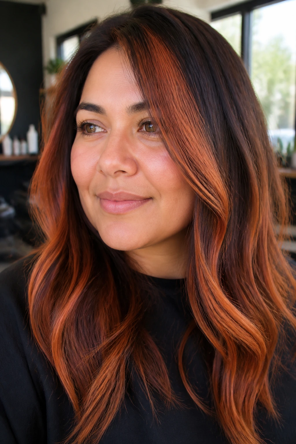 Close-up of a real woman's hair showing warm terracotta chunky highlights around the face.