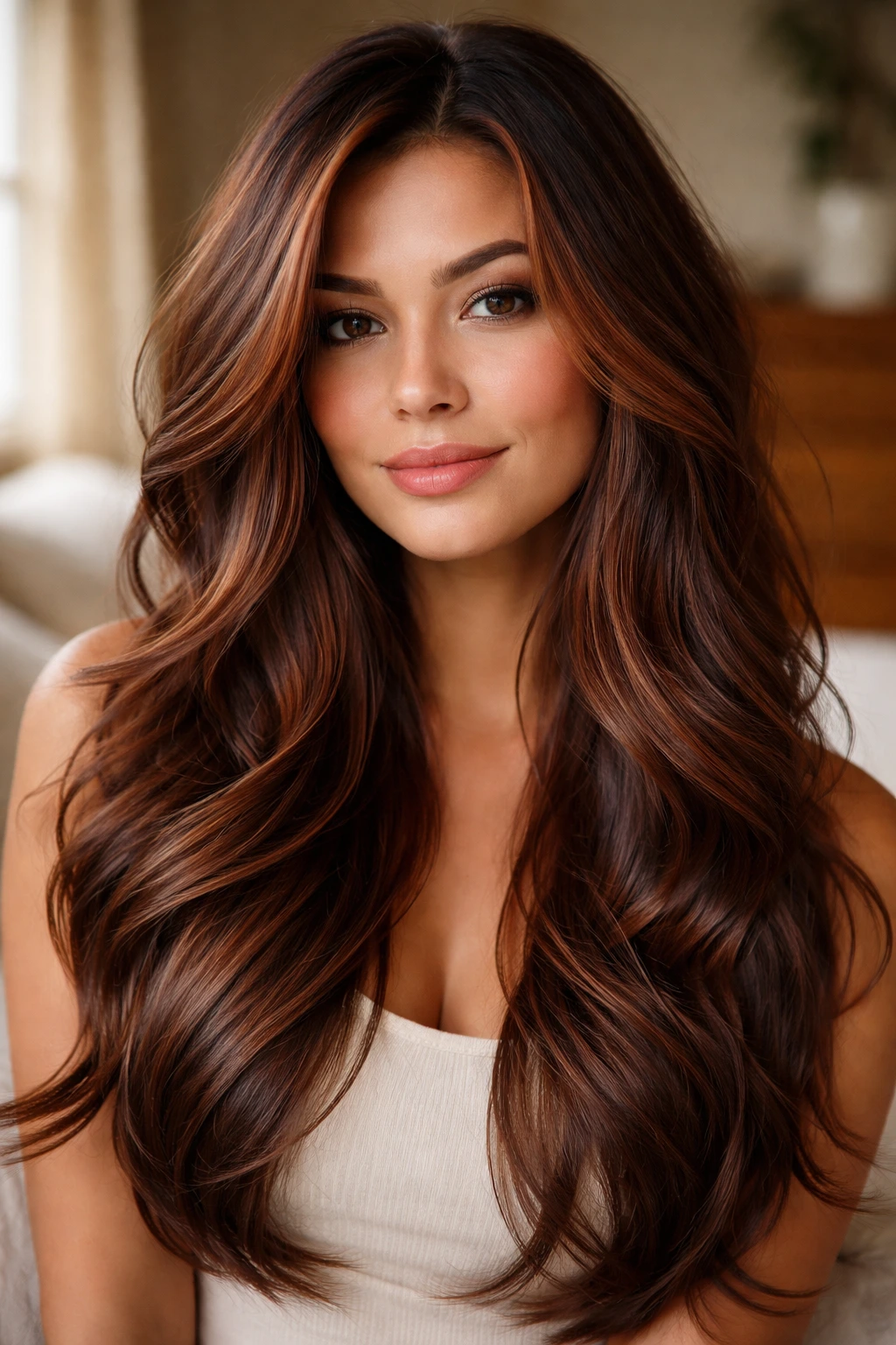 Close-up of a real woman's hair with muted terracotta highlights in warm natural light