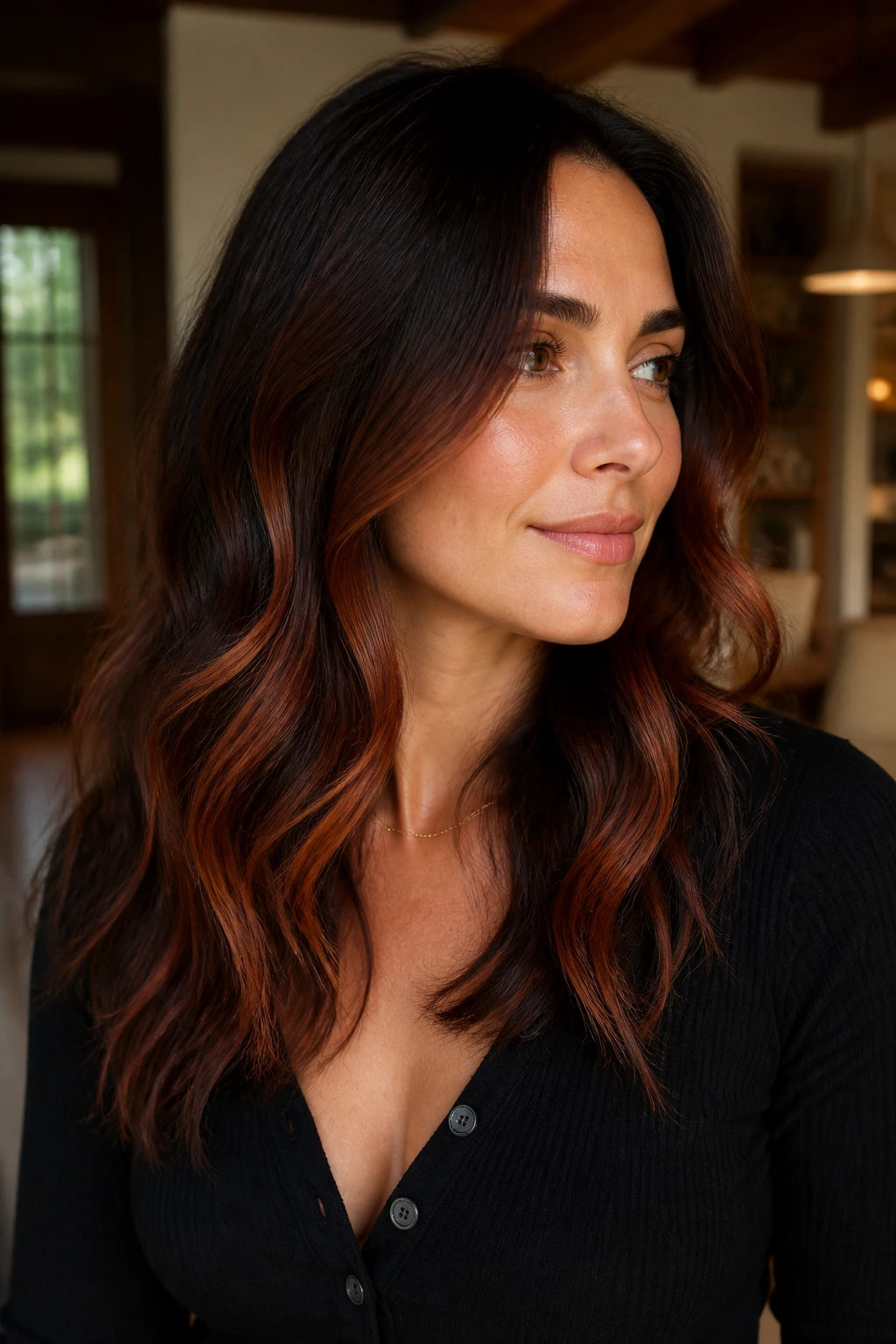 Brunette with terracotta ribbons woven through lower hair and around face