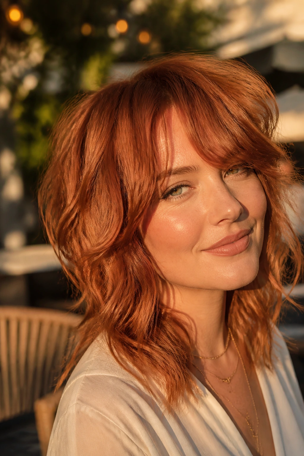 Close-up of a person with terracotta shag and airy uneven waves in sunlight.