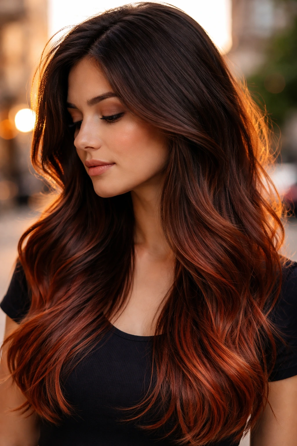Close-up of a woman with dark base hair and terracotta tips