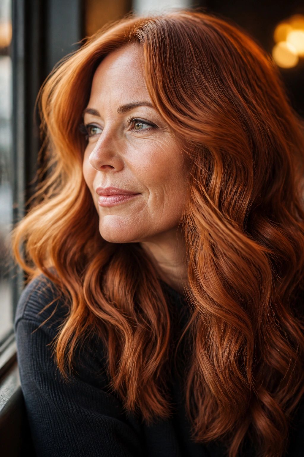 Warm terracotta waves on hair with soft daylight