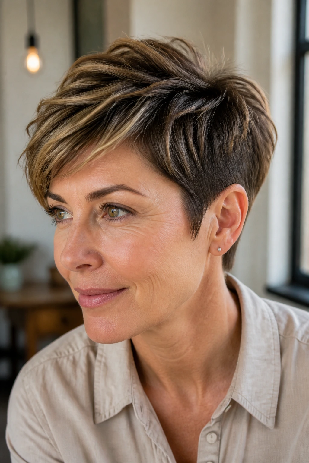 Portrait of a woman with a textured pixie bob and lifted top