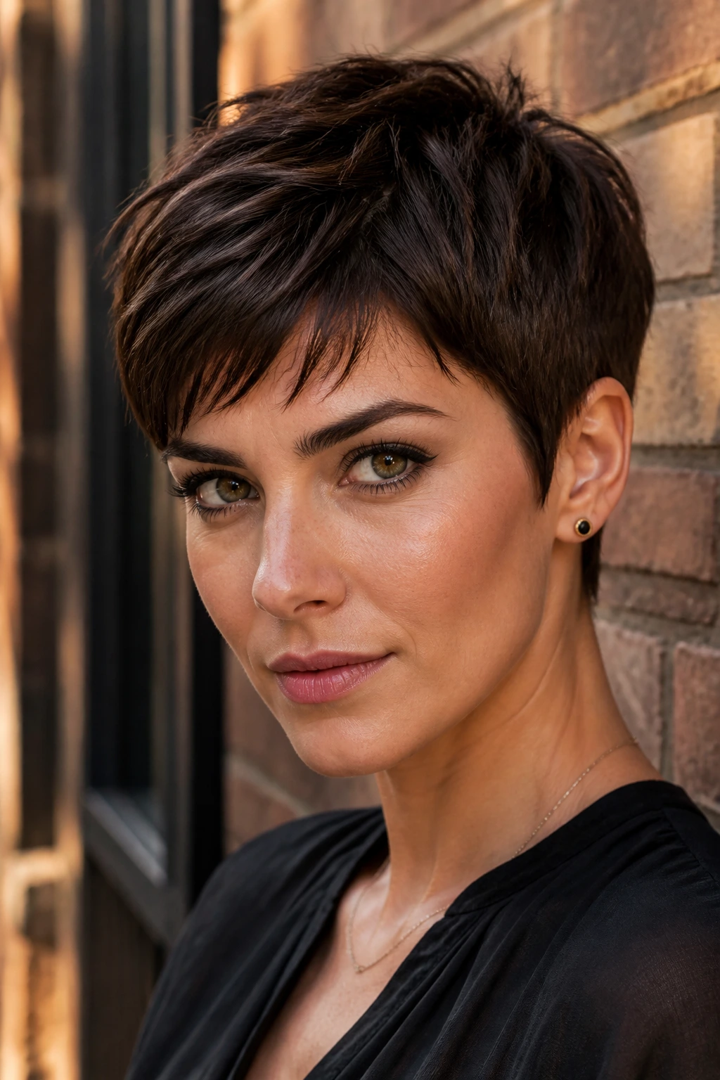 Close-up portrait of real woman with dark roast textured pixie against brick backdrop