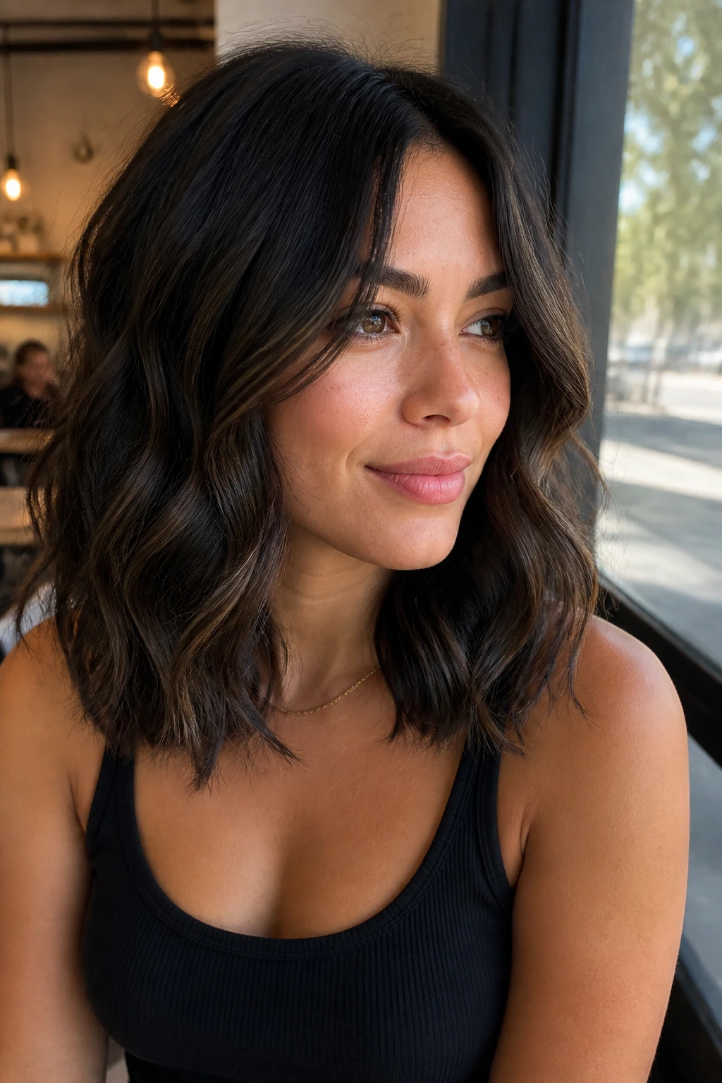 Close-up of shoulder-length waves with textured black balayage on a real woman