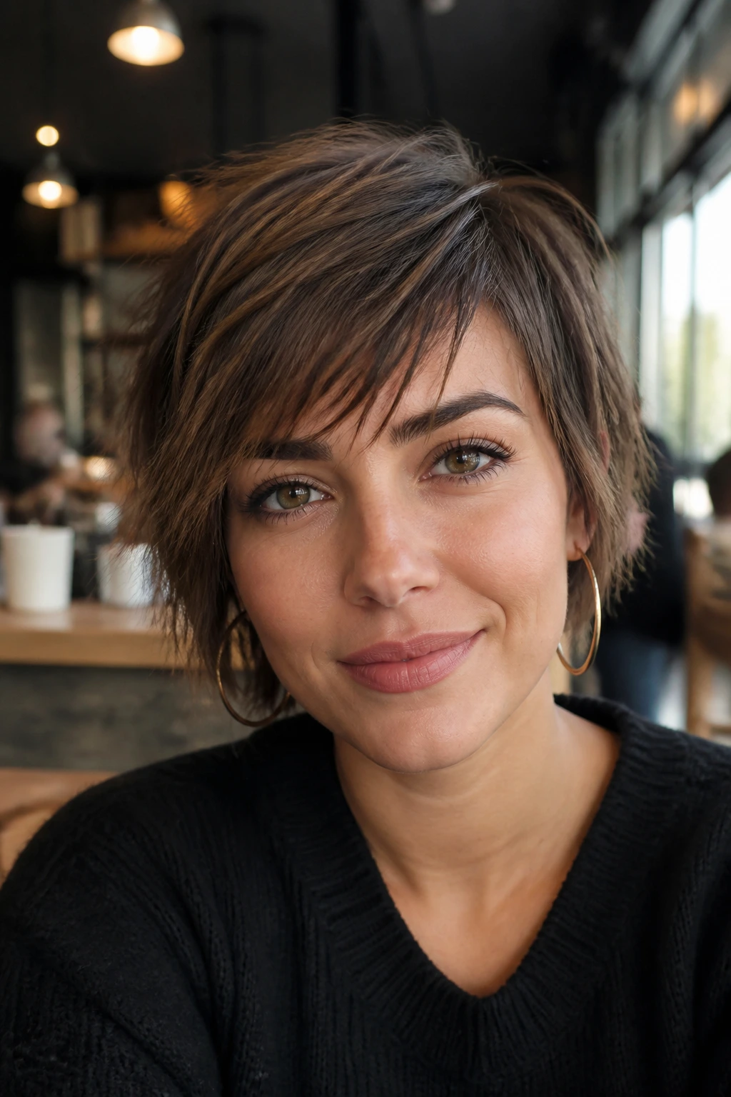 Close-up portrait of a real woman with textured, choppy side fringe.