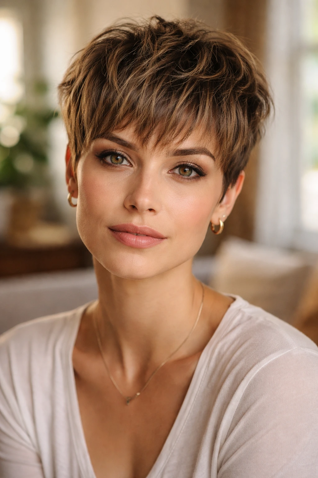 Close-up portrait of a woman with textured bangs pixie and warm window light.