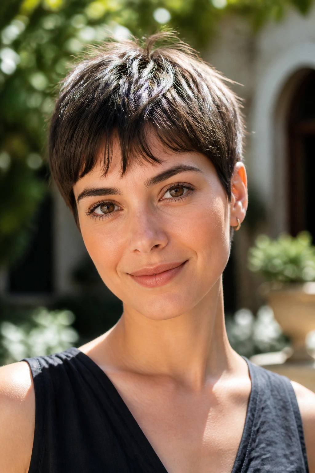 Portrait of a real woman with a textured pixie cut and piecey bangs in outdoor light.