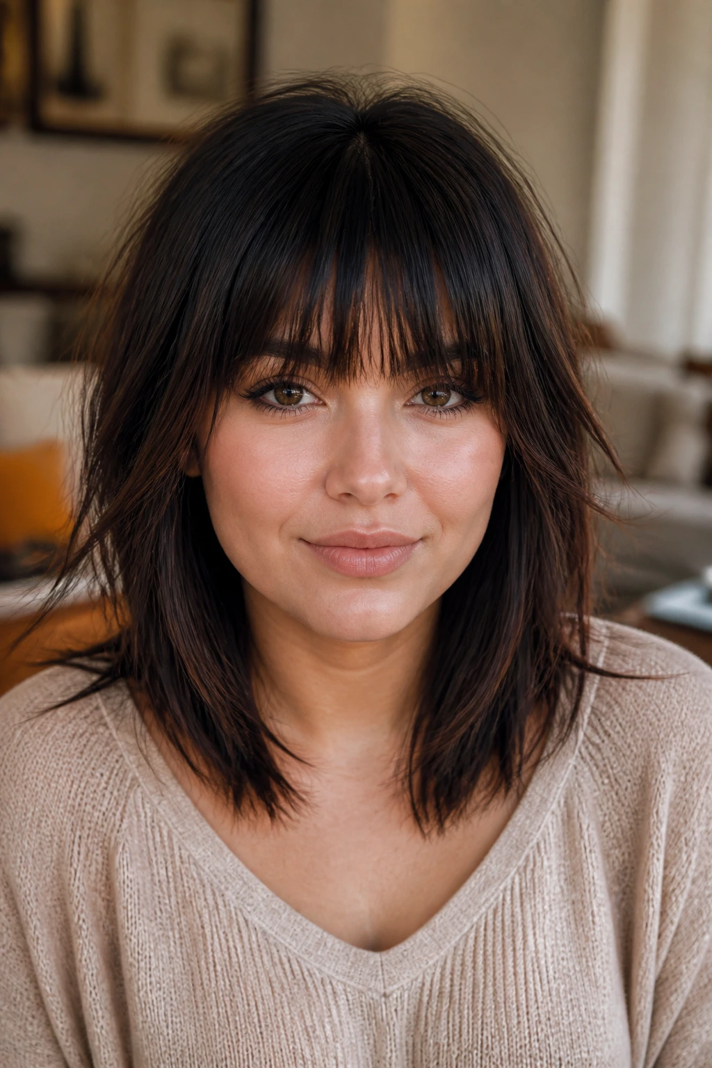 Close-up real-woman portrait with textured bangs and point-cut ends.