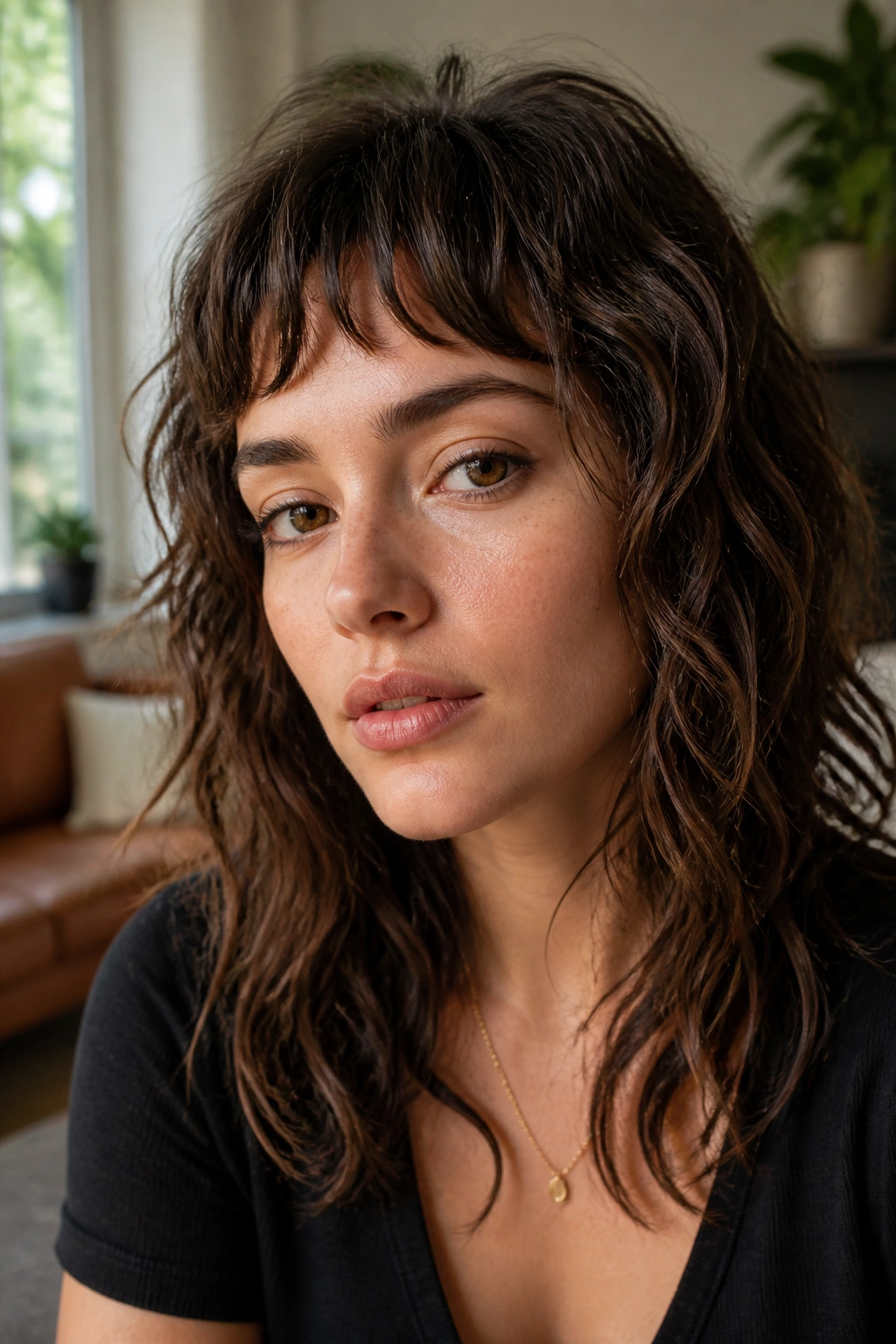 Close-up of textured bangs on wavy hair in warm indoor light