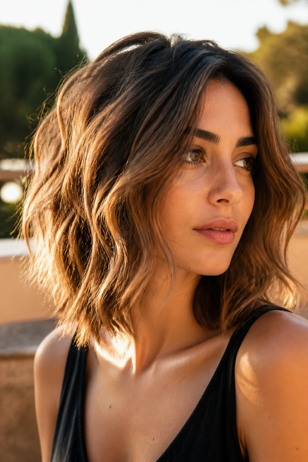 Close-up of a real woman with textured beach-wave lob and layered ends in warm light