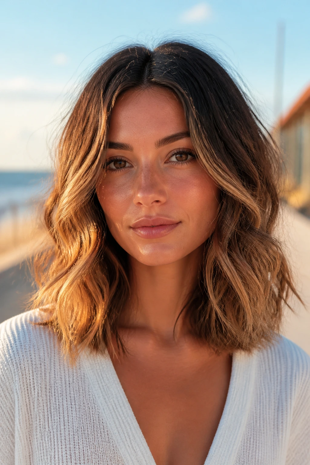 Close-up of woman with textured beach waves starting below chin